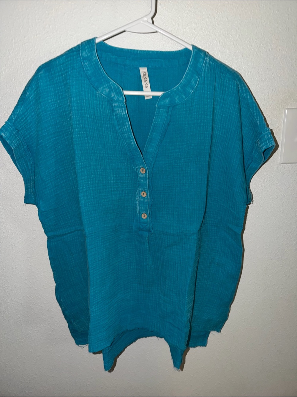 Zenana Outfitters Teal Cotton Gauze Short-Sleeve Henley Tunic NWOT